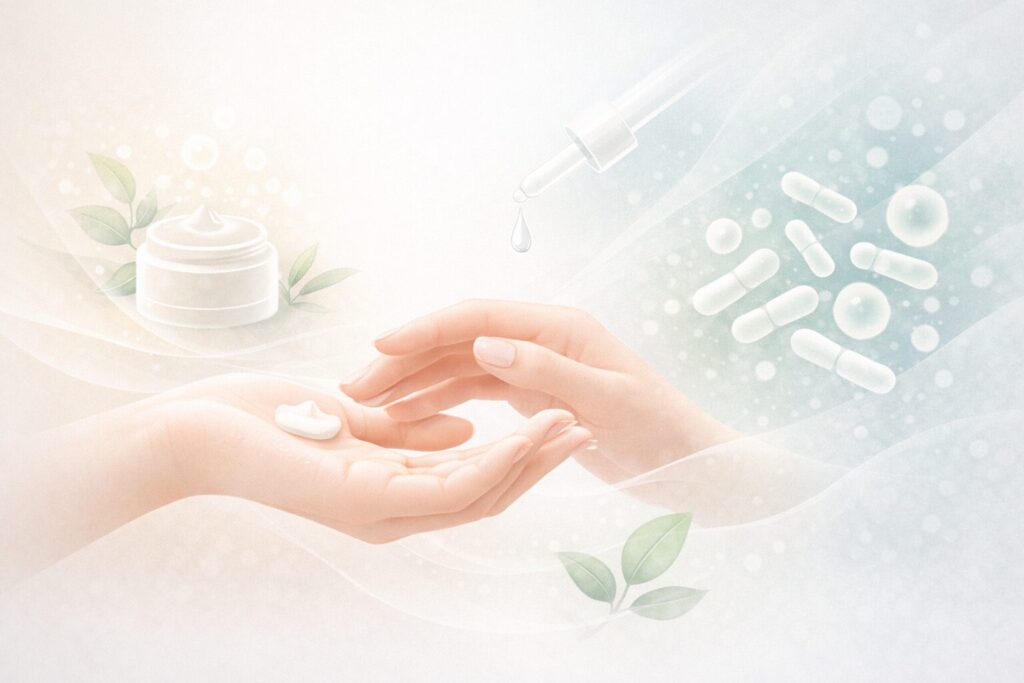 手肌環境を整えるイメージ。保湿ややさしいケアを連想させる構図で、乳酸菌との適度な関わり方を表現。