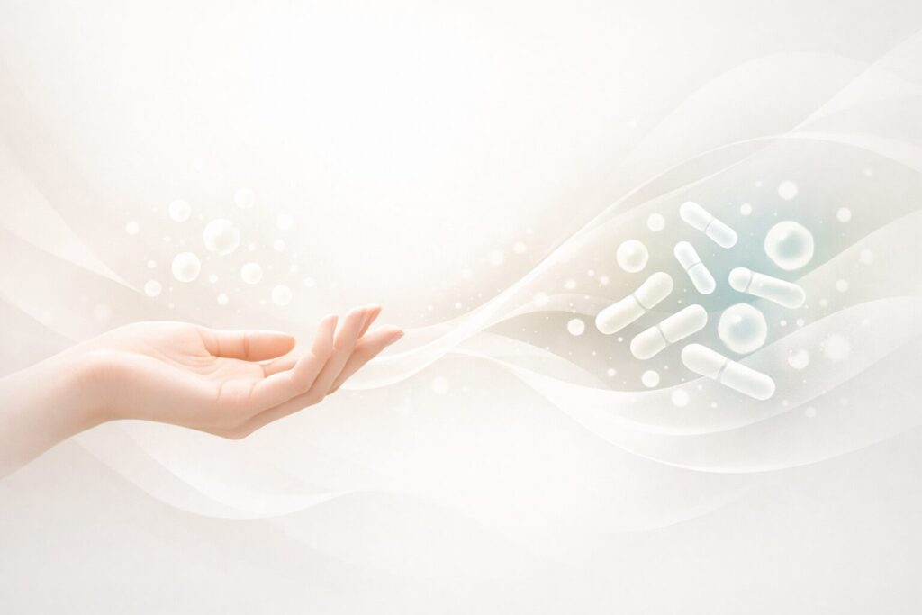 女性の手と乳酸菌の関係性をイメージで表現したビジュアル。清潔感とやさしさを感じる構成で、美容と菌の距離感を伝える。