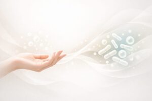 女性の手と乳酸菌の関係性をイメージで表現したビジュアル。清潔感とやさしさを感じる構成で、美容と菌の距離感を伝える。