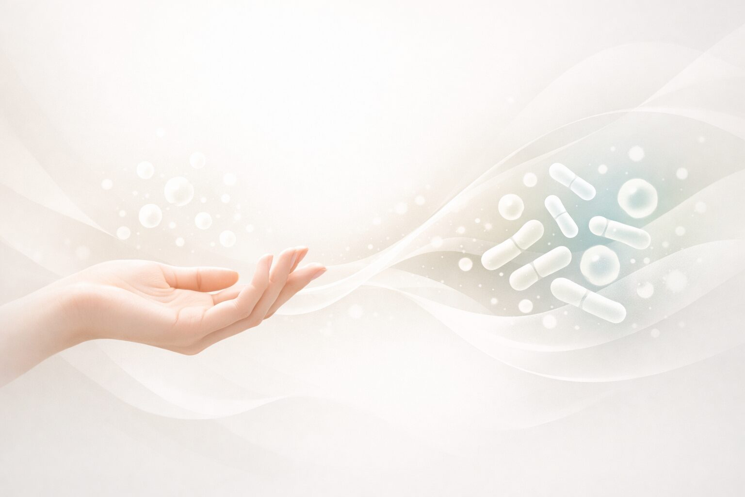 女性の手と乳酸菌の関係性をイメージで表現したビジュアル。清潔感とやさしさを感じる構成で、美容と菌の距離感を伝える。