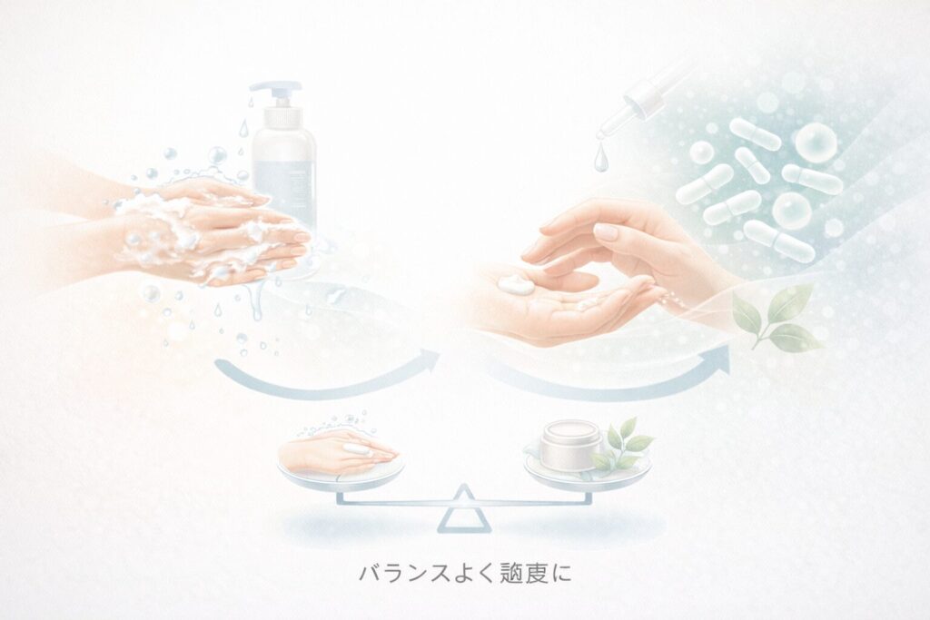 手洗いと保湿のバランスを視覚的に示した構成。清潔とケアの両立をイメージし、やりすぎない大切さを伝える。