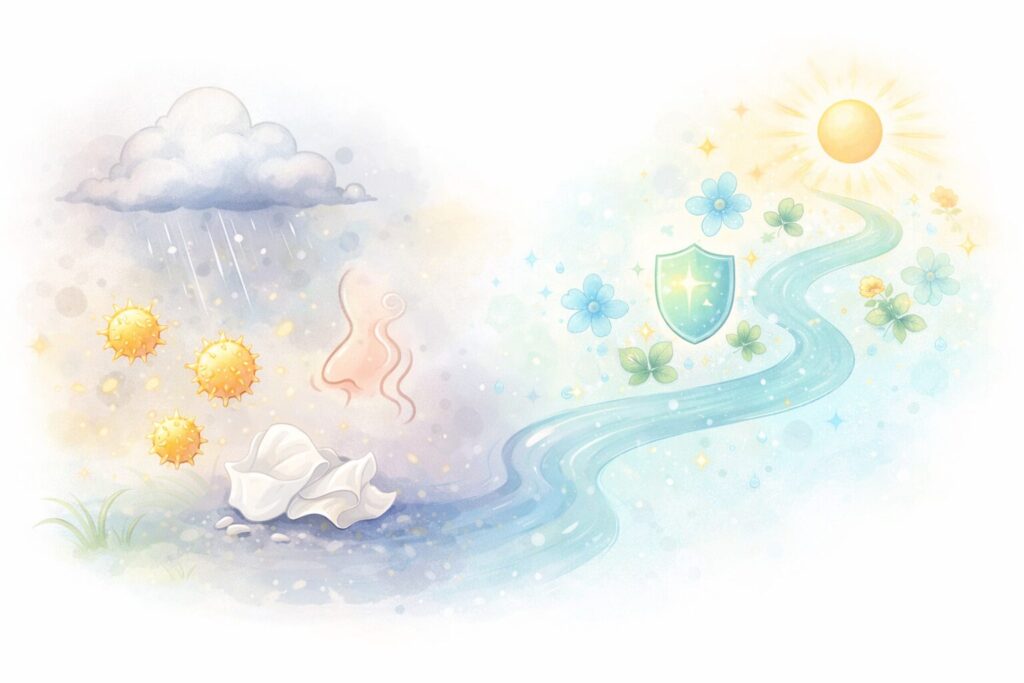 花粉症や鼻炎の季節的な不調と、穏やかな体調変化を対比的に表したイメージ