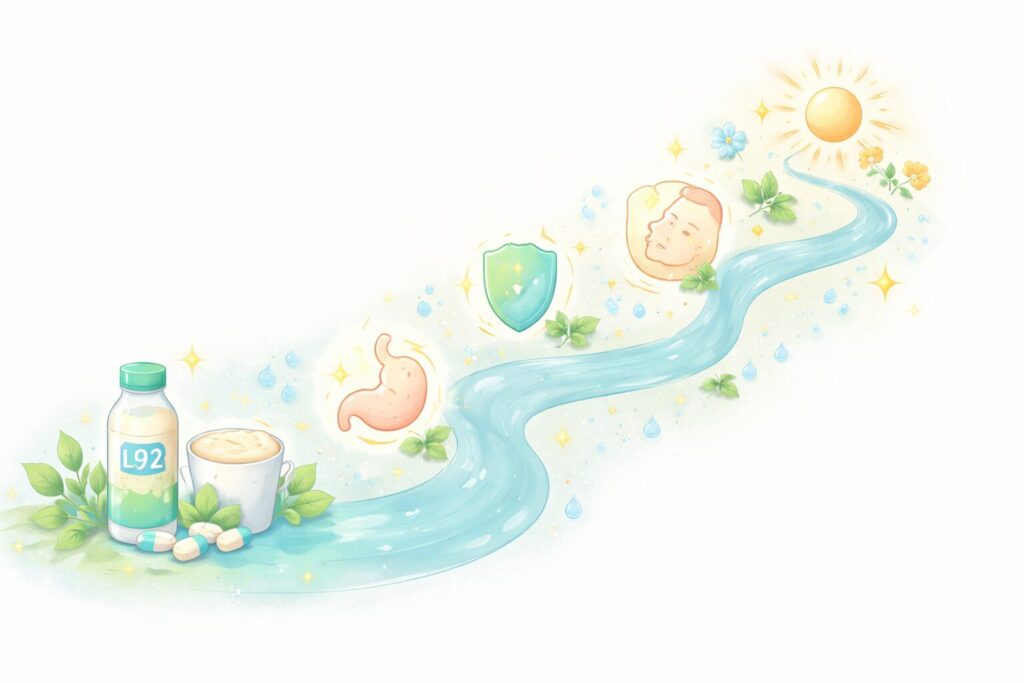 口コミから見えるL92乳酸菌の実感パターンを、継続と体調変化の流れで表現したビジュアル