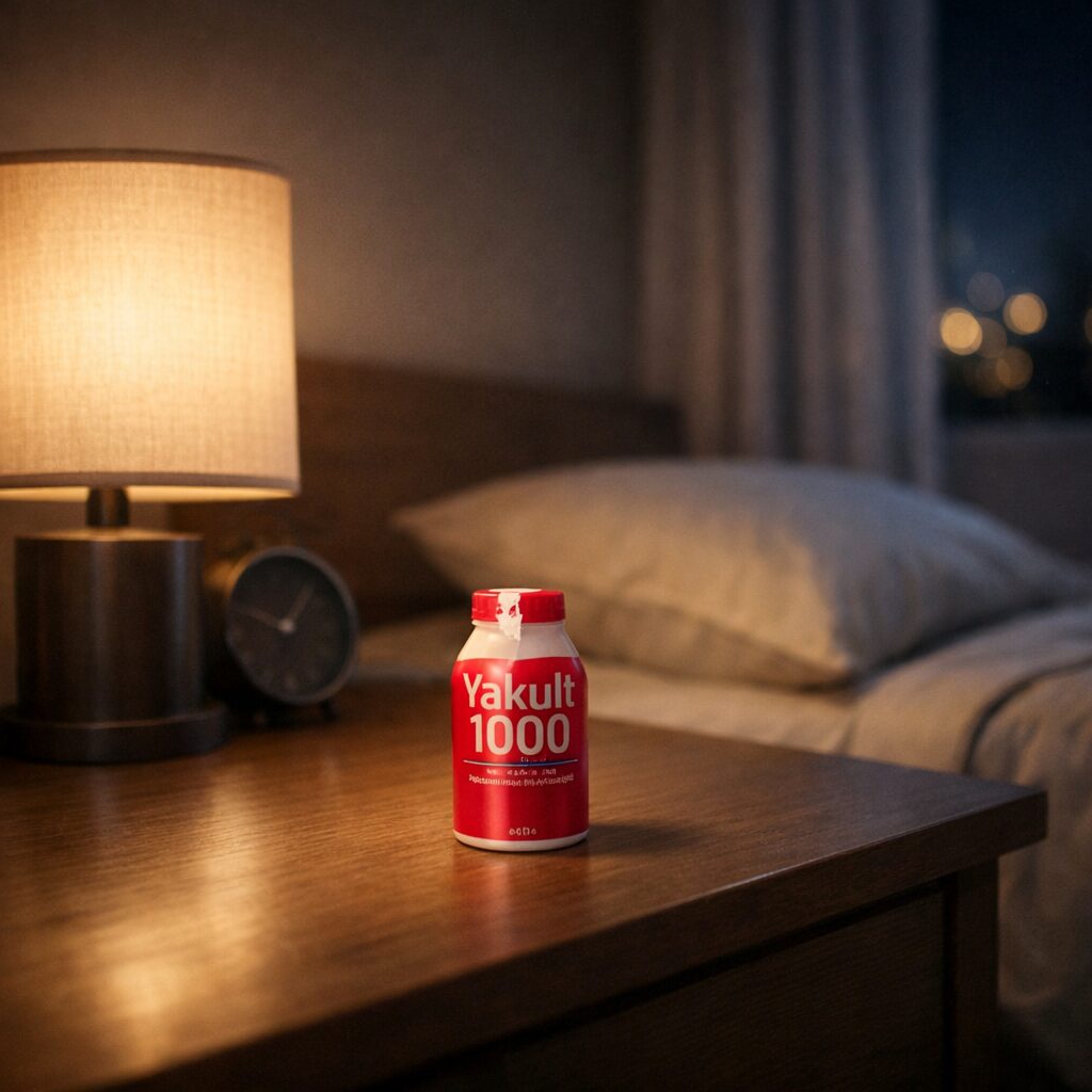 ヤクルト1000を寝る前に飲むことで期待される睡眠イメージを、落ち着いた夜の雰囲気で表現したビジュアル