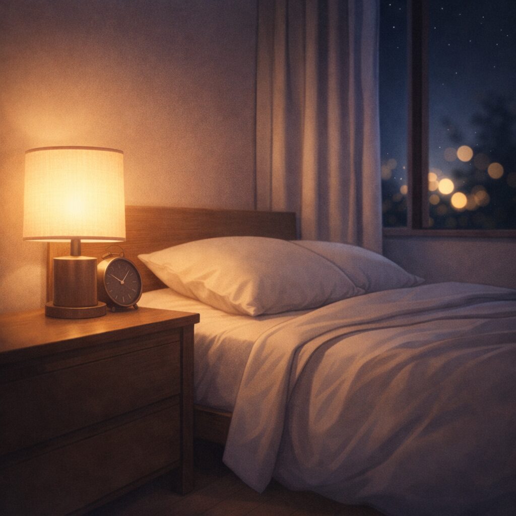 就寝前のリラックスタイムと睡眠の質をイメージできる、静かな室内とベッド周りのビジュアル