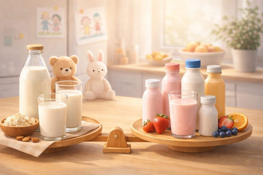 家族で飲み物を選ぶ場面を想像させる、やさしく安心感のあるイメージ。日常使いを意識した構図。