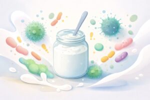 手作りヨーグルトで雑菌が混入した場合に起こりやすい仕上がりの失敗や不安を、清潔感のある抽象的なビジュアルで表現したイメージ