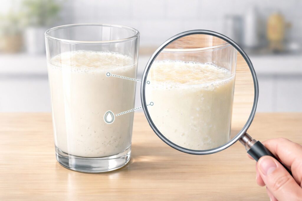 透明なコップに注がれた牛乳の分離やブツブツをチェックする様子を示すシンプルな確認イメージ