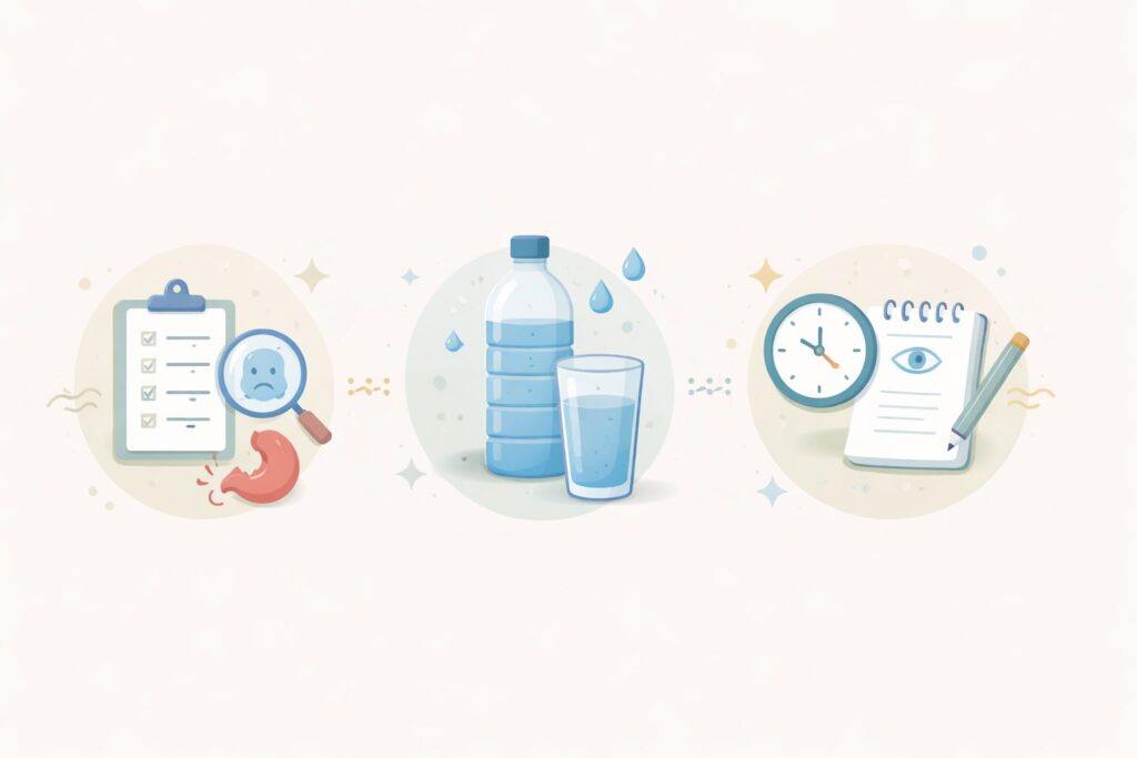 牛乳を飲んだ後に確認すべきポイントを整理したイメージで、体調チェックや水分補給を象徴するアイコンを配置した図解風構成