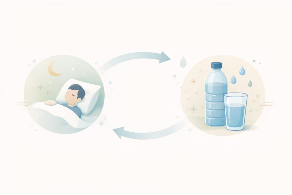 自宅安静と水分補給を中心にした対応フローを抽象的に示す構図で、休息と補水の流れがわかる16:9イラスト