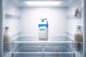 開封後一週間の牛乳を前に、飲めるか迷っている状況を象徴するミニマルな冷蔵庫内イメージ