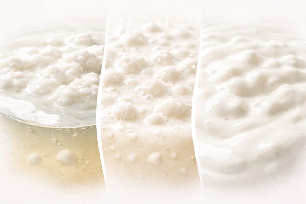 分離やブツブツ、ヨーグルト状になった牛乳の状態変化を抽象的に示したイメージ