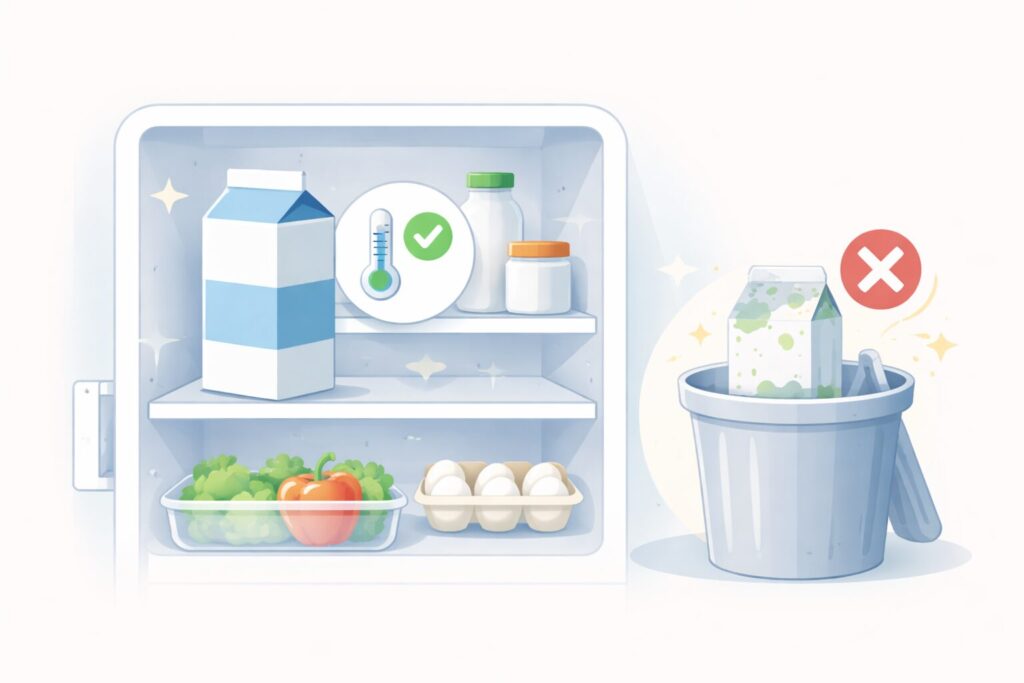 冷蔵保存と廃棄判断を象徴する牛乳パックと冷蔵庫のイラストで、保存管理の重要性を表す16:9構図