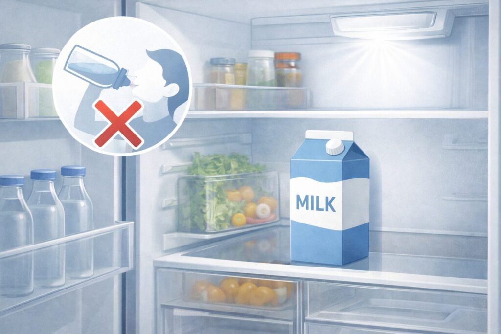冷蔵庫内の適切な保存位置や直飲みを避ける様子を表現した予防イメージ