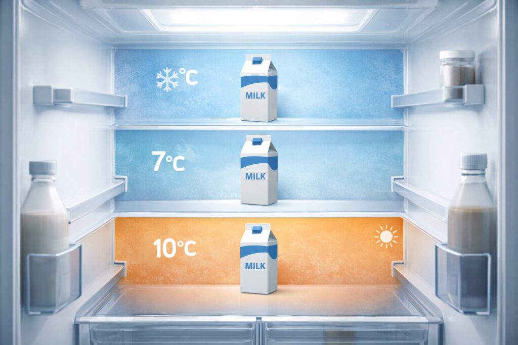 冷蔵庫内の異なる温度帯と牛乳パックを組み合わせた温度別保存イメージ
