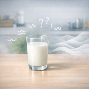 コップに注がれた牛乳を前に不安そうに確認するイメージと、味の違和感を表現する抽象的なビジュアル構図