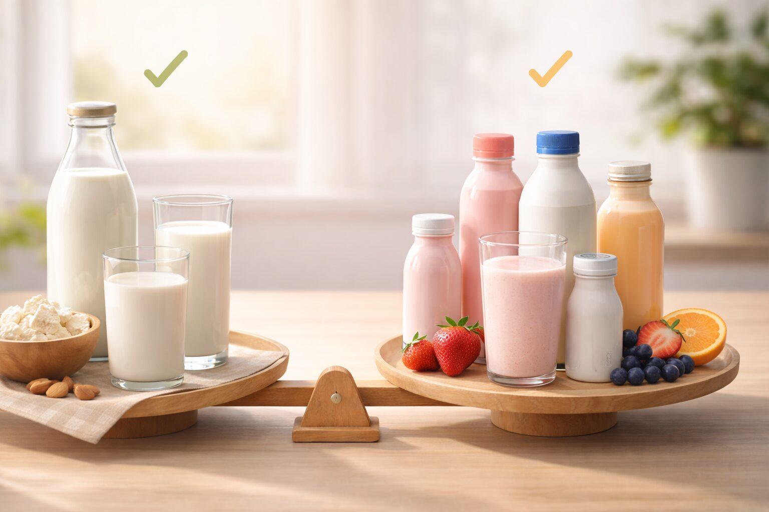 牛乳と乳飲料を比較し、毎日の飲み物としてどちらを選ぶかを考えるための判断イメージ。健康や家族利用を連想させる構図。