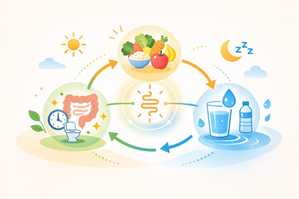 食事・水分・排便習慣の3つの要素がバランスよくつながることで便秘対策になる構造をシンプルに図解したイメージ