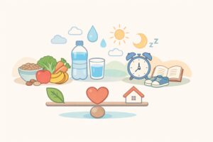 子供の便秘対策として食事・水分・生活習慣をバランスよく整えるイメージを、やさしい色合いで表現した全体テーマビジュアル