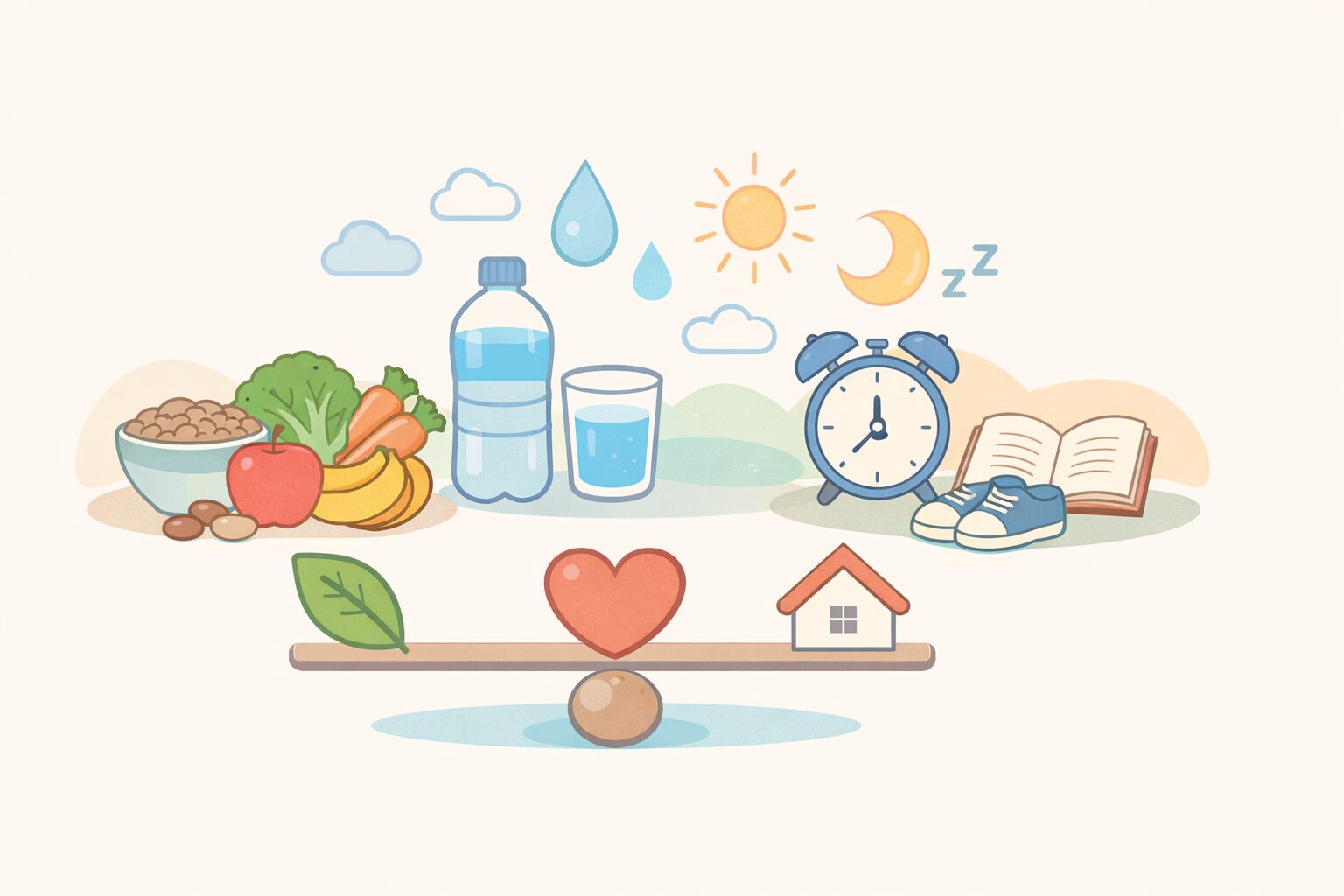 子供の便秘対策として食事・水分・生活習慣をバランスよく整えるイメージを、やさしい色合いで表現した全体テーマビジュアル