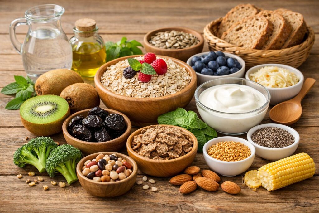 キウイ、プルーン、オートミール、ヨーグルトなど便秘対策として知られる食材をテーブルに並べたイメージ。食物繊維や発酵食品など複数の食品を組み合わせて腸内環境を整える食事のイメージを視覚化した構図。