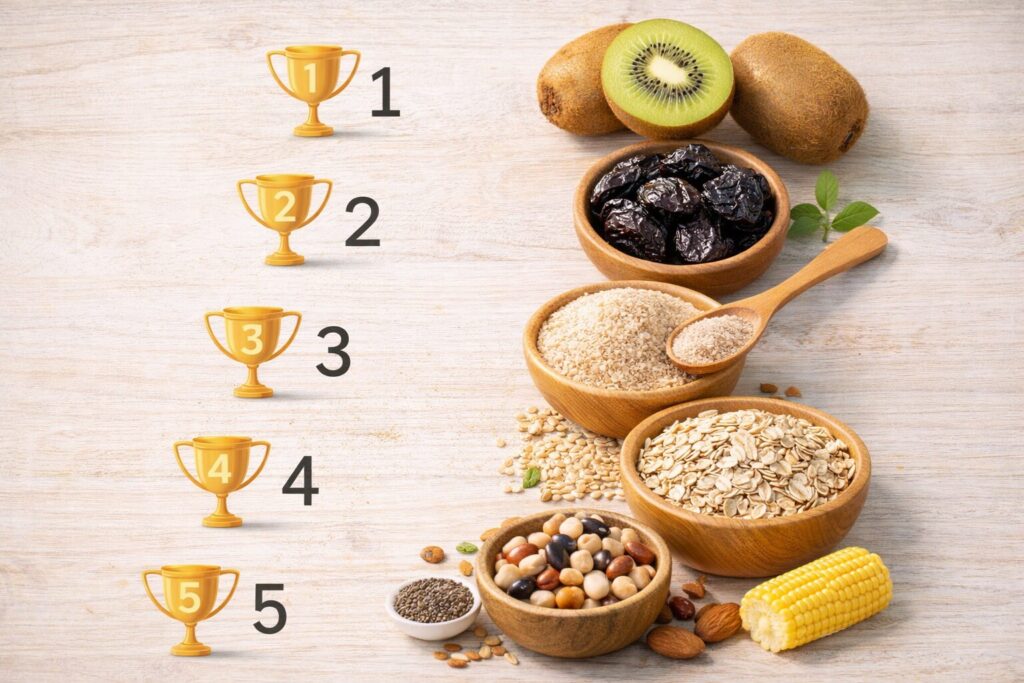 便秘に役立つ食品をランキング形式で並べたイメージ。キウイ、プルーン、サイリウム、オートミール、豆類など複数の食品が上から順に並び、食物繊維の多い食材の比較をイメージできる構図。