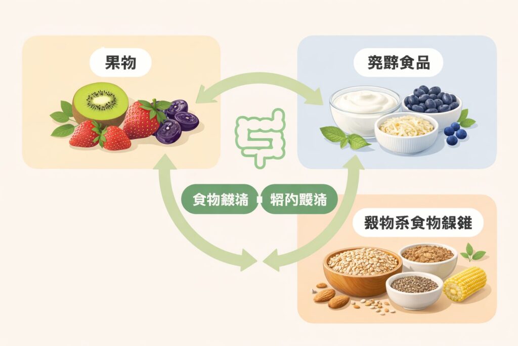 便秘対策として代表的な食品カテゴリを整理したイメージ図。果物、発酵食品、穀物系食物繊維などのグループがバランスよく配置され、食物繊維と腸内環境の関係を視覚的に示した図。