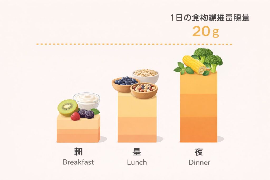 1日の食物繊維摂取量を食事ごとに分けて示したイメージ。朝昼夜の食事に果物、穀物、野菜などが配置され、食物繊維が少しずつ積み上がる様子を示す視覚的コンセプト図。