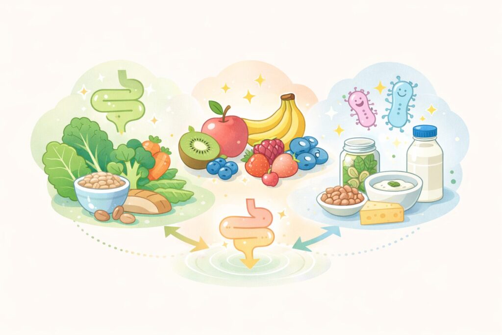 食物繊維食品・果物・発酵食品がバランスよく配置され、それぞれの役割を視覚的にイメージできる構成の図解