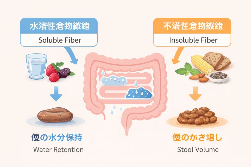 食物繊維の種類と便通の関係をイメージした図。水溶性食物繊維と不溶性食物繊維が腸内でどのように働くかを示すシンプルな概念図。便の水分保持と量の違いを視覚的に示す構成。